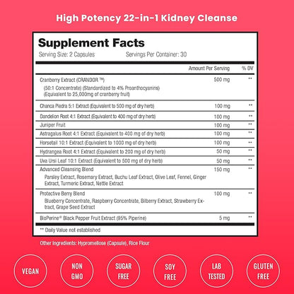 Kidney Cleanse Detox | 22-in-1 Kidney Support Supplement | 25,000mg Cranberry Pills Extract | Extra Strength Repair & Flush Premium Formula | Urinary Tract Health for Women & Men | 60 Vegan Capsules