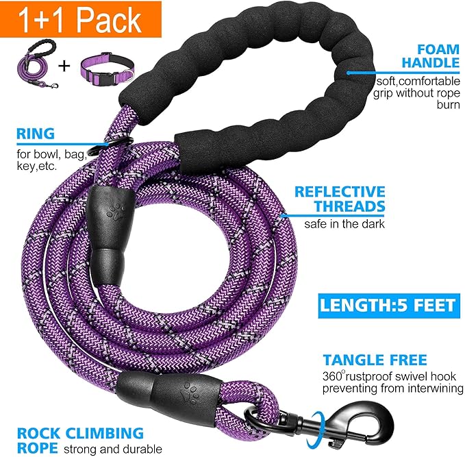 Ladoogo Reflective Dog Collar Padded with Soft Neoprene Breathable Adjustable Nylon Dog Collars for Small Medium Large Dogs (X-Small (Pack of 1), Purple Collar+Leash)