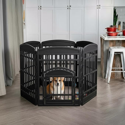 IRIS USA Dog Playpen with Door, 34” 6 Panel Pet Exercise Pen – Indoor Outdoor Puppy Play Pen, Portable Plastic Pet Fence for Small Medium Dogs, Foldable 44” x 63” x 34”, Black