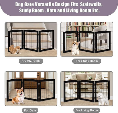 LZRS 3-Panel Freestanding Foldable Wooden Dog Gate –Solid Wood & Steel Wire Chew-Resistant Indoor Safety Pet Fence for Doorways & Stairs, Ideal for Small to Medium Dogs & Puppies, Black