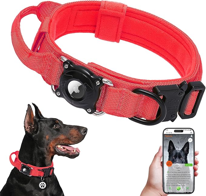 Waterproof AirTag Dog Collar with QR Code ID Tag, Tactical Military Dog Collar with Built-in AirTag Holder, Heavy Duty Metal Buckle & Control Handle, GPS Tracker Collar for Large Dogs (Red, XL)