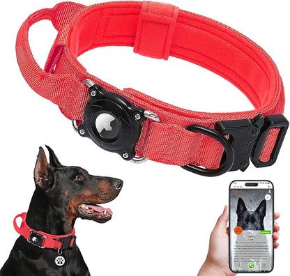 Waterproof AirTag Dog Collar with QR Code ID Tag, Tactical Military Dog Collar with Built-in AirTag Holder, Heavy Duty Metal Buckle & Control Handle, GPS Tracker Collar for Large Dogs (Red, XL)