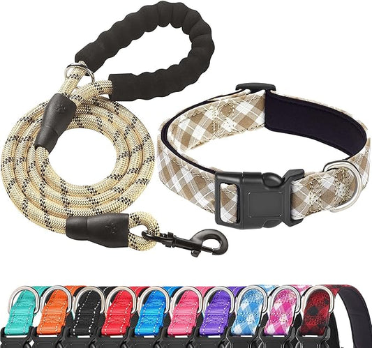 Ladoogo Reflective Dog Collar Padded with Soft Neoprene Breathable Adjustable Nylon Dog Collars for Small Medium Large Dogs (X-Small (Pack of 1), Vanilla Plaid Collar+Leash)