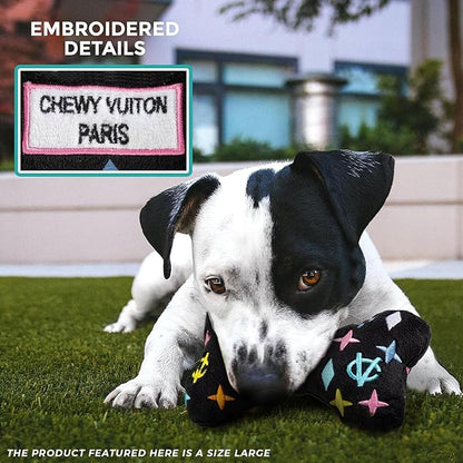 Haute Diggity Dog Chewy Vuiton Bone Plush Squeaky Dog Toy, Soft Durable Designer-Inspired Stuffed Puppy Chew Toys for Small & Medium Dogs, Machine-Washable (Black Monogram) Large