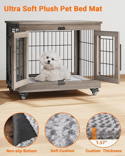 YaFiti Dog Crate Furniture with Cushion, Wooden Dog Kennel Indoor with Double Doors, Dog Cage with Wheels, Dog House Side End Table for Small Dogs up to 30 lb, 27.2" L, Grey