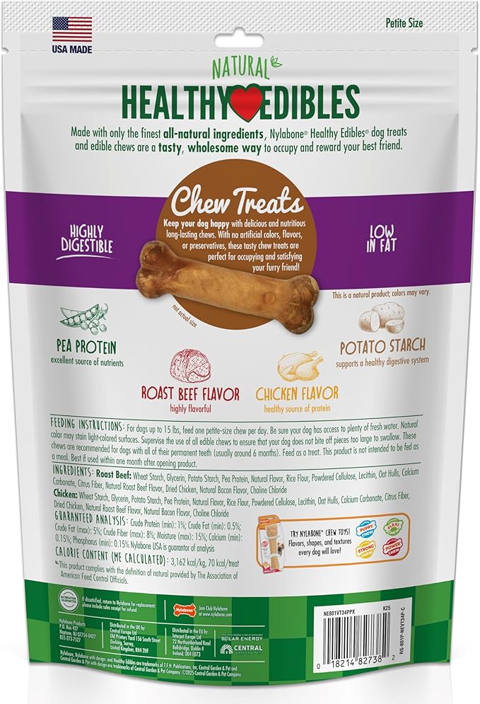 Nylabone Healthy Edibles Natural Dog Chews, Long Lasting Bones for Dogs, Roast Beef & Chicken Flavor Dog Treats, X-Small (34 Count)