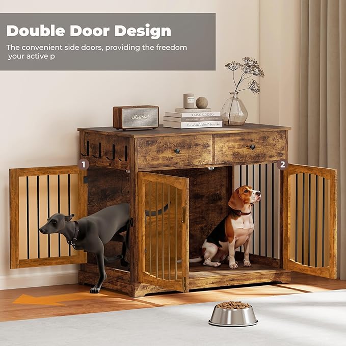 Dog Crate Furniture, Wooden Dog Kennel Furniture, Heavy-Duty Dog Crate End Table with Storage Drawers, Double Doors Decorative Pet Cage House Indoor for Small Medium Dog, 40Inch, Rustic Brown