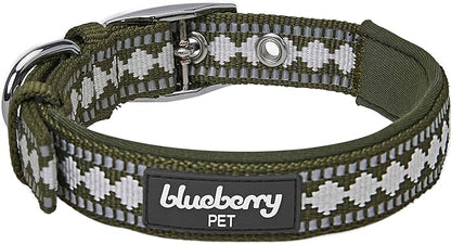 Blueberry Pet Reflective Jacquard Dog Collar with Neoprene Padding & Metal Buckle | Soft & Adjustable Safety Collar - Olive, Neck 13-16.5", for Medium Breed