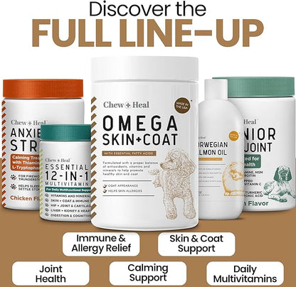 Omega 3 Fish Oil for Dogs, 180 Soft Chews - Salmon Oil Skin & Coat Supplement, Allergy & Itchy Skin Relief, Hot Spots, Anti Shedding - EPA DHA Omega 3 6 9 - Peanut Butter - Made in USA, Chew + Heal