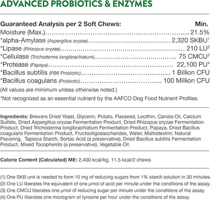 NaturVet Advanced Probiotics & Enzymes, PB6 Dog Soft Chews to Help Sensitive Stomachs and Digestive Issues, Hickory Smoked Bacon Flavored Pet Supplement for Dogs Over 6 Weeks, 70 Count Jar
