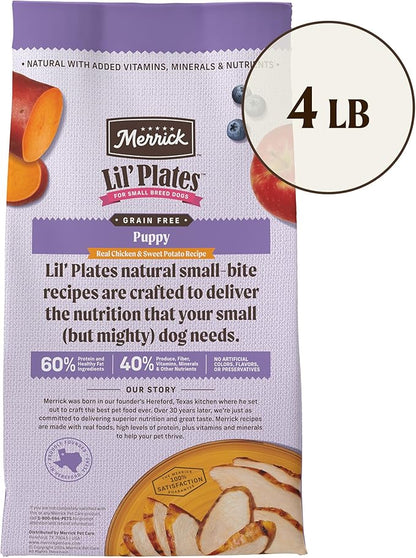 Merrick Lil’ Plates Premium Grain Free Dry Puppy Food For Small Dogs, Real Chicken And Sweet Potato Kibble - 4.0 lb. Bag