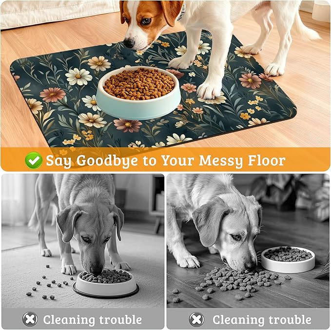 Dog Bowl Mat,Brown Flowers Pet Feeding Mat for Floors Waterproof,White Absorbent Dogs Placemat for Food and Water Quick Dry Pet Cat Feeding Mats with Non Slip Bottom 12" x 20"