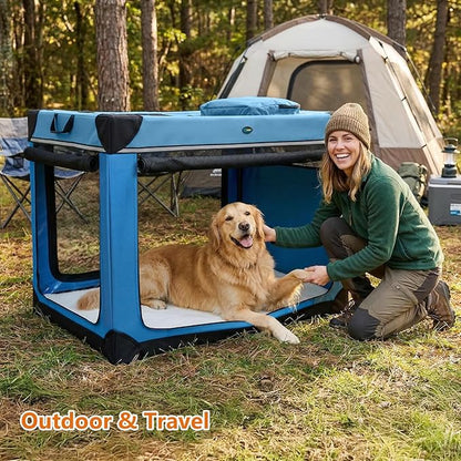 Ownpets Collapsible Dog Crate, 42 inch Portable Travel Dog Crate for Large Dogs, 4-Door Foldable Pet Kennel with Durable Mesh Windows & Soft Mat, Blue