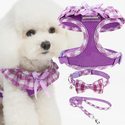 EXPAWLORER Cute Dog Harness Collar Leash Set - Purple Girl Dog Harness Checkered Step-in Design, Detachable Bow Pet Collar, Adjustable No-Choke Lightweight Mesh Vest for Cats Puppy Small Dogs, XS