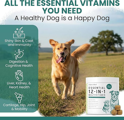 Dog Multivitamin Chewable - Chew + Heal 12-in-1, 60 Ct, Puppy & Senior Dog Vitamins & Supplements for Hip & Joint, Skin & Coat, Immune Support with Glucosamine, Omega 3,6,9, Probiotics, Chicken Flavor