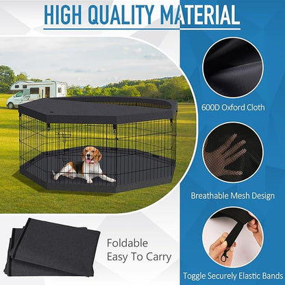 Foldable Metal Wire Dog Pen Pet Playpen Dog Fence Indoor Exercise Pen Enclosure Indoor Outdoor with Bottom Pad and Top Cover (Black 24 top Bottom Cover)
