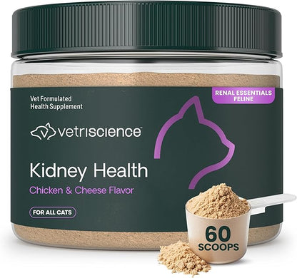 VetriScience Kidney Health Powder, Renal Essentials Supplement for Cats, Kidney Care and Support with Mushroom, Astragalus Root, Nettle Seed and Herbs, Chicken & Cheese, 60 Scoops