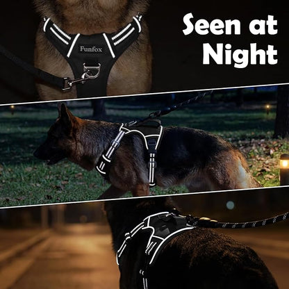 Funfox Dog Harness for Large Dog No Pull, Adjustable Pet Vest Harness, Vertical Handle Easy Control with 2 Leash Clips, Reflective Safe Night Walking for Small Medium Large Size, Black, L