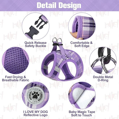 BEAUTYZOO Small Dog Harness and Leash Set,Step in No Choke No Pull Soft Mesh Dog Harnesses Reflective for Extra-Small Medium Puppy Dogs and Cats, Plaid Dog Vest Harness for XS S Pets, Purple S