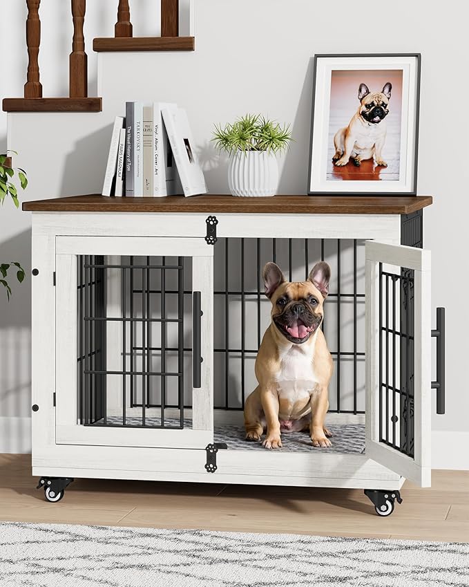 YaFiti Dog Crate Furniture with Cushion, Wooden Dog Kennel Indoor with Double Doors, Dog Cage with Wheels, Dog House Side End Table for Small Medium Dogs up to 45 lb, 32.5" L, White