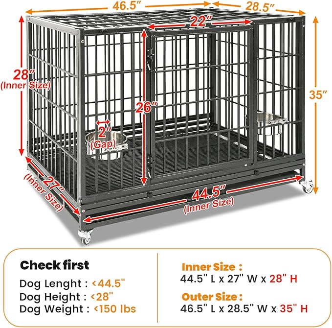 Homey Pet Large Dog Crates for Large Dogs, 47 Inch Heavy Duty Stackable Dog Cage with 2 Bowls, 4 Wheels, Double Removable Trays and Grids, Escape Proof Metal Wire Dogs Kennel Indoor