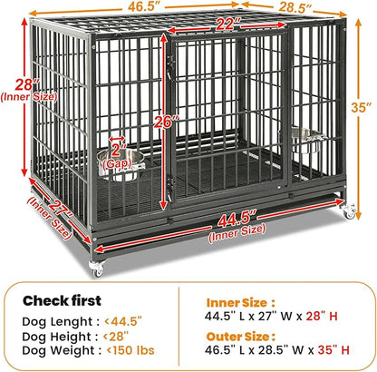 Homey Pet Large Dog Crates for Large Dogs, 47 Inch Heavy Duty Stackable Dog Cage with 2 Bowls, 4 Wheels, Double Removable Trays and Grids, Escape Proof Metal Wire Dogs Kennel Indoor