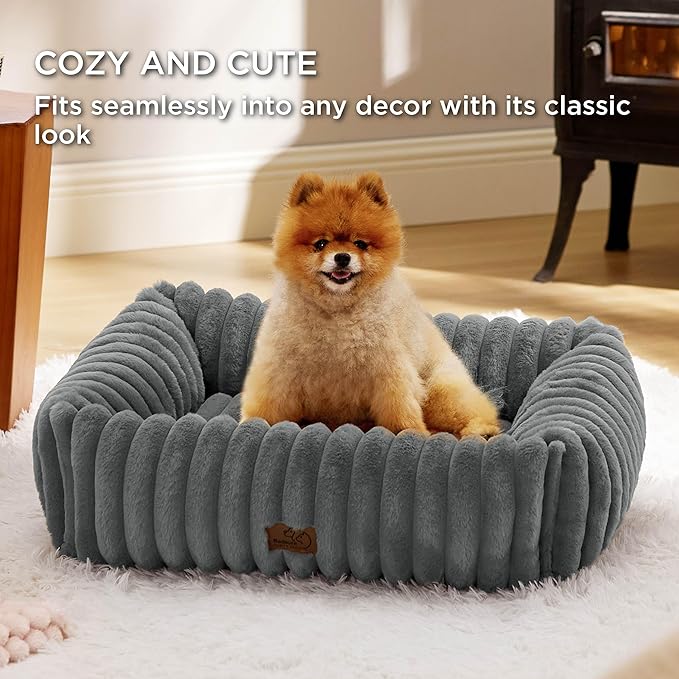Bedsure ComfyFleece™ Washable Dog Bed for Medium Dogs - Cute Furry Puppy Beds, Rectangle Orthopedic Corduroy Fleece Pet Beds with Removable Zipper Cover, 30x24x8inches, Warm Grey