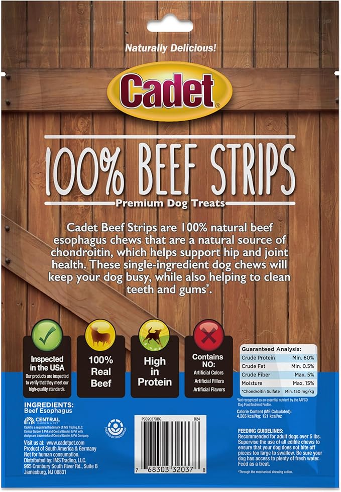 Cadet 100% Beef Strip Long Lasting Chews for Dogs, Single Ingredient Beef Esophagus Dog Treats, Natural High Protein Rawhide Alternative for Small & Large Dogs, 4 Ounce