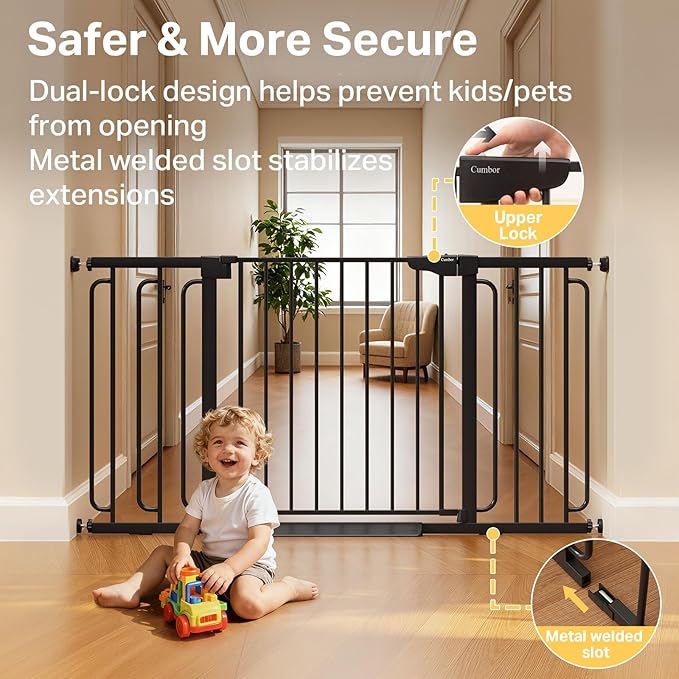 Cumbor Extra Wide Baby & Pet Gate Set, 29.7-51.5" & 36.6-59" Gates with Dual-Lock, Auto-Close, One-Hand Operation for Stairs, Hallways & Doorways