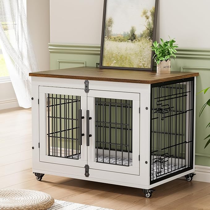 Lulive Dog Crate Furniture Set of 2, Dog Kennel Indoor Double Doors Wooden Dog Cage, 32'' Heavy Duty Dog Crate with Cushion & Wheels, End Table Pet House Chew-Resistant Up to 45 lb, White