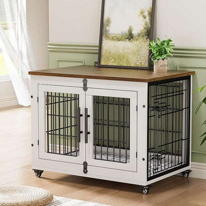 Lulive Dog Crate Furniture Set of 2, Dog Kennel Indoor Double Doors Wooden Dog Cage, 32'' Heavy Duty Dog Crate with Cushion & Wheels, End Table Pet House Chew-Resistant Up to 45 lb, White