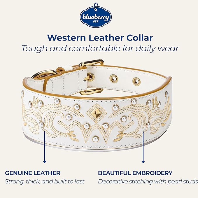 Blueberry Pet Western Genuine Leather Dog Collar for Medium Breeds, Pearl White - Floral Embroidery, Pearl Studs, Adjustable 15-18 Inch Neck, Dog Collars for Medium Dogs
