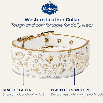 Blueberry Pet Western Genuine Leather Dog Collar for Medium Breeds, Pearl White - Floral Embroidery, Pearl Studs, Adjustable 15-18 Inch Neck, Dog Collars for Medium Dogs