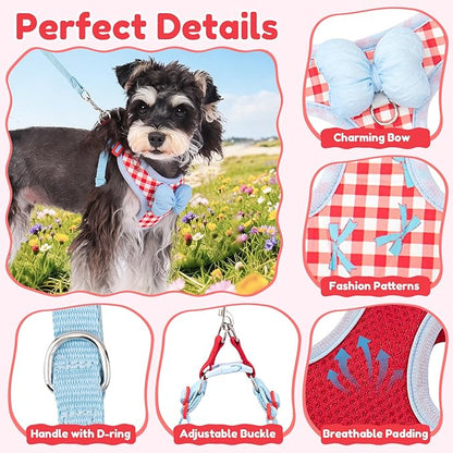 Coppthinktu Dog Harness for Small Sized Dogs, Puppy Cat Harness with Leash Set No Pull Dog Harness Adjustable Reflective Step-in Pet Vest Harnesses with Cute Bow Soft Padded Outdoor Walking