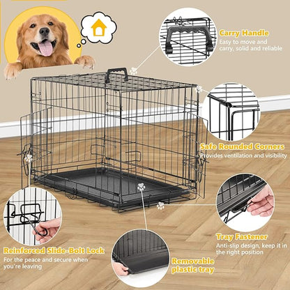 DUMOS Dog Crate, 42 Inch Large Double Door Dog Cage with Plastic Leak-Proof Pan Tray, Folding Medium Size Metal Wire Pet Kennel for Indoor, Outdoor, Travel