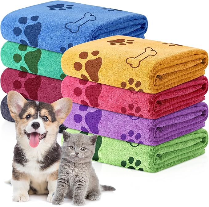 Chumia 8 Pcs Dog Towels for Drying Dogs Cats Pet Towels Bulk Puppy Microfiber Fast Drying Paw Bath Bathing Supplies Absorbent for Medium Pets(18 x 28 Inch,Dog Paw and Bone,Colorful)