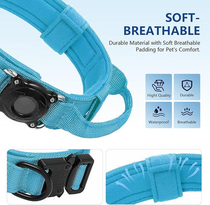 Tactical Airtag Dog Collar Waterproof - Adjustable Nylon Training Collar with Secure Airtag Holder, Control Handle & Quick-Release Buckle for Medium Large Dogs (Blue, L)