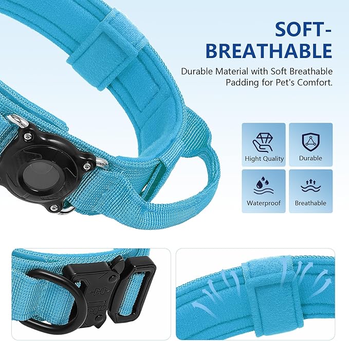 Tactical Airtag Dog Collar Waterproof - Adjustable Nylon Training Collar with Secure Airtag Holder, Control Handle & Quick-Release Buckle for Medium Large Dogs (Blue, XL)
