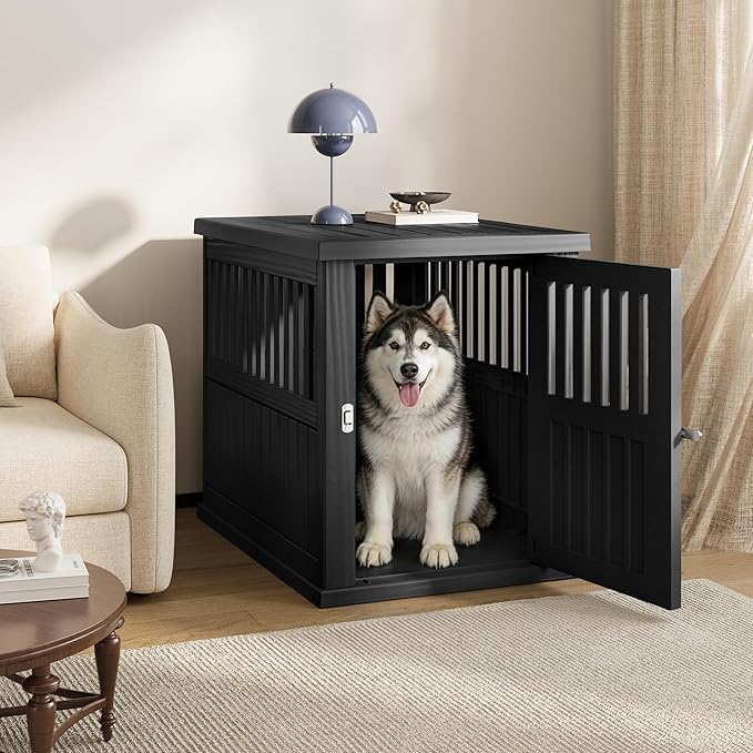 Bifanuo 40-Inch Dog Crate Furniture, Heavy Duty Dog Crate for Large and Medium Dog, Lockable Indoor Outdoor Dog Kennel & End Table, Decorative Plastic Pet Cage (Black)