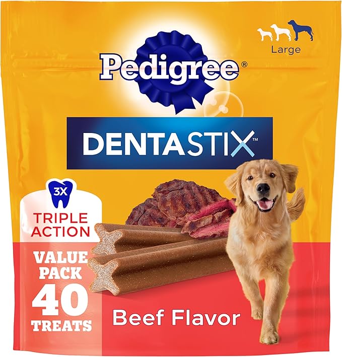 Pedigree Dentastix Dog Dental Treats, Large Breed Dog Treats, Beef Flavor, 2.08 lb. Bag (40 Treats Total)