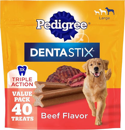 Pedigree Dentastix Dog Dental Treats, Large Breed Dog Treats, Beef Flavor, 2.08 lb. Bag (40 Treats Total)
