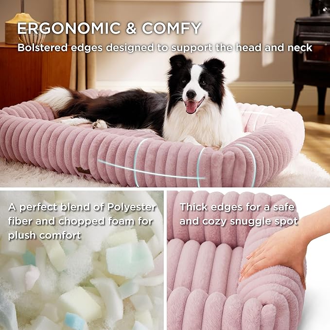 Bedsure ComfyFleece™ Cute Dog Bed for Large Dogs - Washable Furry Puppy Beds, Rectangle Orthopedic Corduroy Fleece Pet Beds with Removable Zipper Cover, 36x27x8inches, Blush Pink
