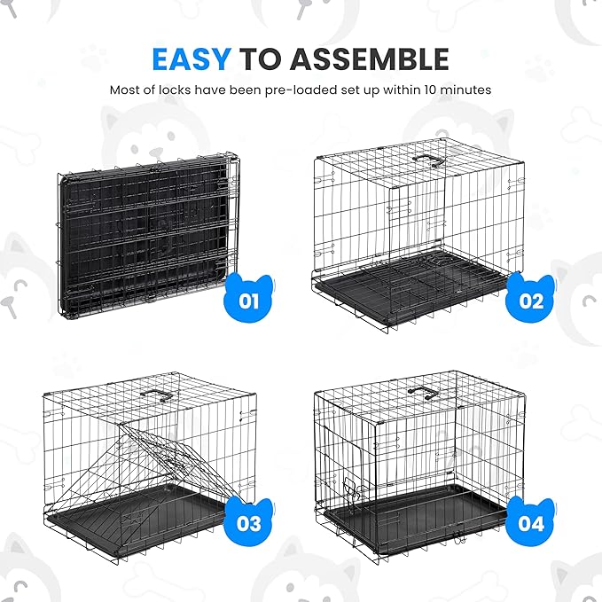 HealSmart 30" Single Door Pet Crate, Sturdy Foldable Metal Wire Dog Cage with Leak-Proof Tray, Portable Indoor & Outdoor Pet Kennel for Travel and Home Use