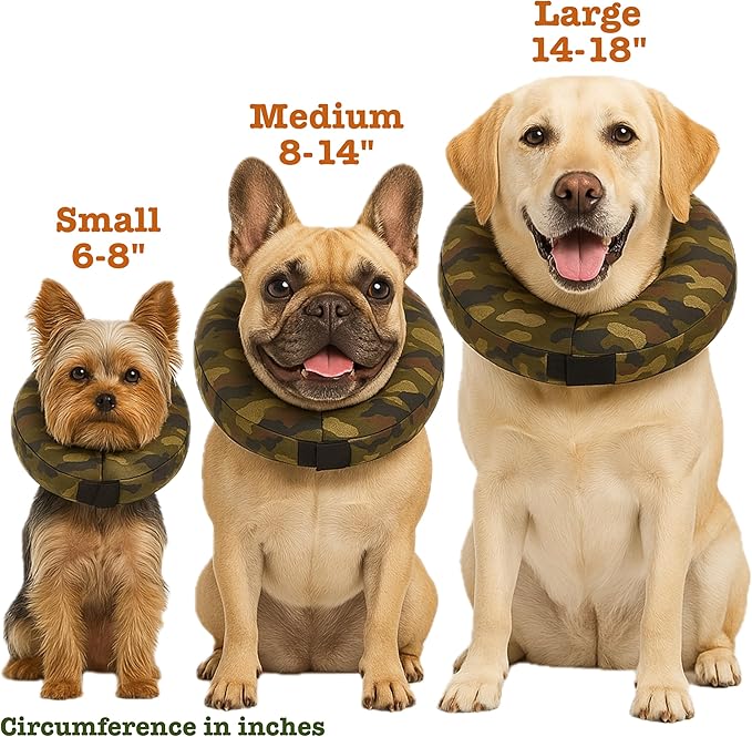 Comfy-K9 Camo Cone - Inflatable Dog Cone with Soft Camouflage Design, Adjustable Blow Up Donut, Machine Washable, Medium Size Collar for Comfortable & Stylish Pet Recovery