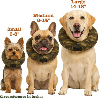 Comfy-K9 Camo Cone - Inflatable Dog Cone with Soft Camouflage Design, Adjustable Blow Up Donut, Machine Washable, Medium Size Collar for Comfortable & Stylish Pet Recovery