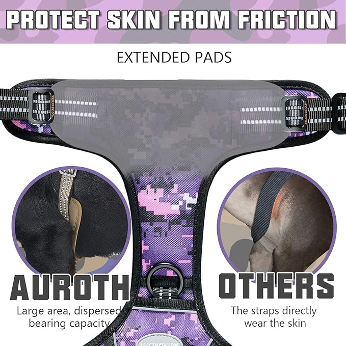 AUROTH Tactical Dog Harness for Large Dogs No Pull Adjustable Pet Harness Reflective Working Training Easy Control Pet Vest Military Service Dog Harnesses Purple Camo XXL
