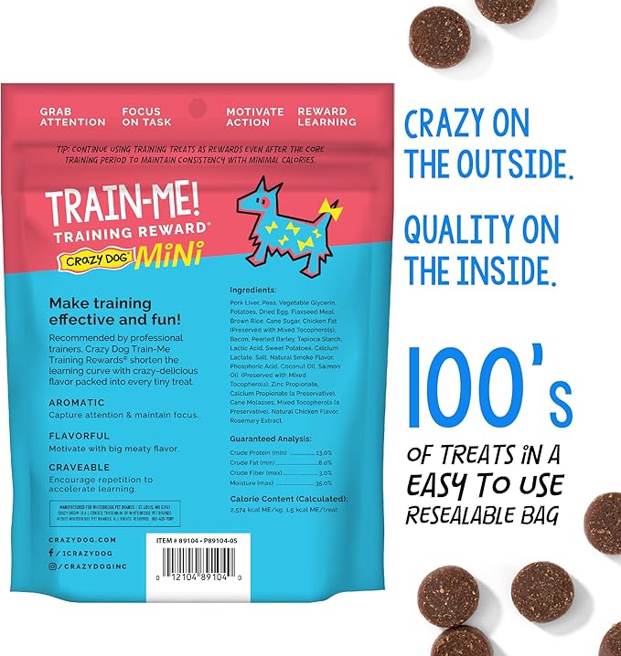 Crazy Dog Mini Train-Me! Training Treats 4 oz. Bag,Bacon Flavor,with 200 Treats per Bag,Recommended by Dog Trainers,(Pack of 2)
