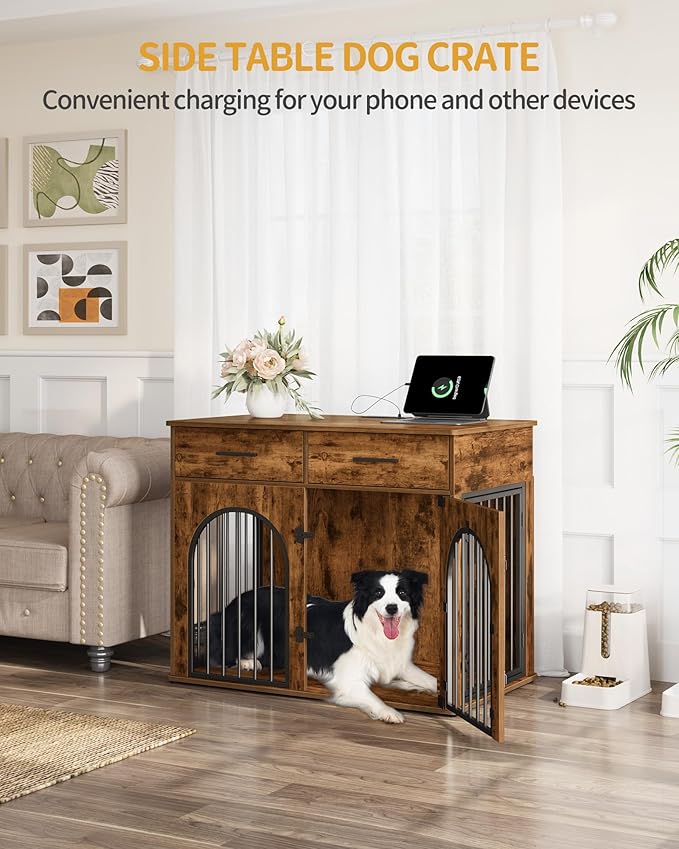 Hzuaneri 39.4'' Dog Crate Furniture with 2 Drawers, Indoor Dog Kennel with Charging Station, Wooden Dog Cage Side End Table Kennel for Medium/Large Dogs, Rustic Brown DFC84201B