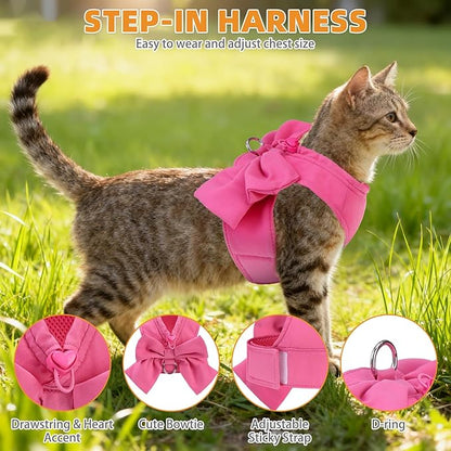 KOOLTAIL Cute Cat Harness and Leash Set with Bowtie, Small Dog Vest Harnesses for Girl Outfit, Step in No Pull Soft Mesh Padded Adjustable Pet Harness for Extra-Samll Medium Puppy Kitten, Pink XS