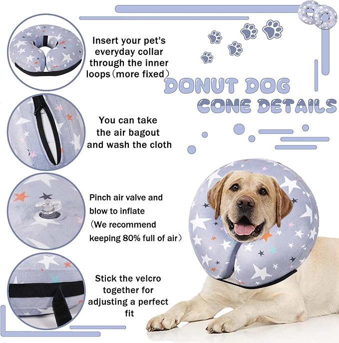 Recovery Donut Collar for Dogs & Cat,Inflatable Dog Cone Collar Alternative After Surgery,Soft Cone for Large Medium Small Dog,Adjustable Pet Neck Donut(Grey Star,Medium+